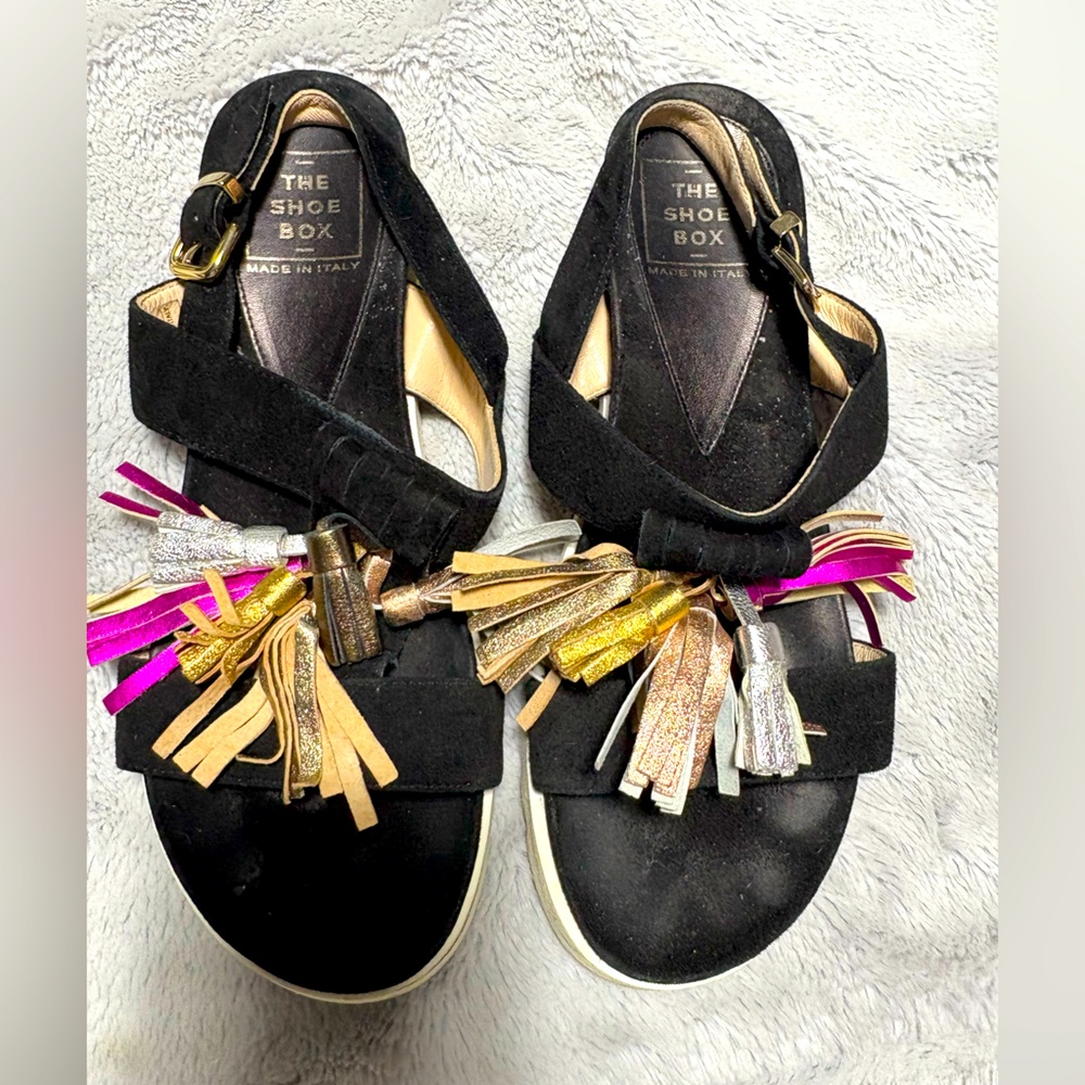 The Shoe Box Women's Black Sandals with Multicolor Tassels. Made in Italy.